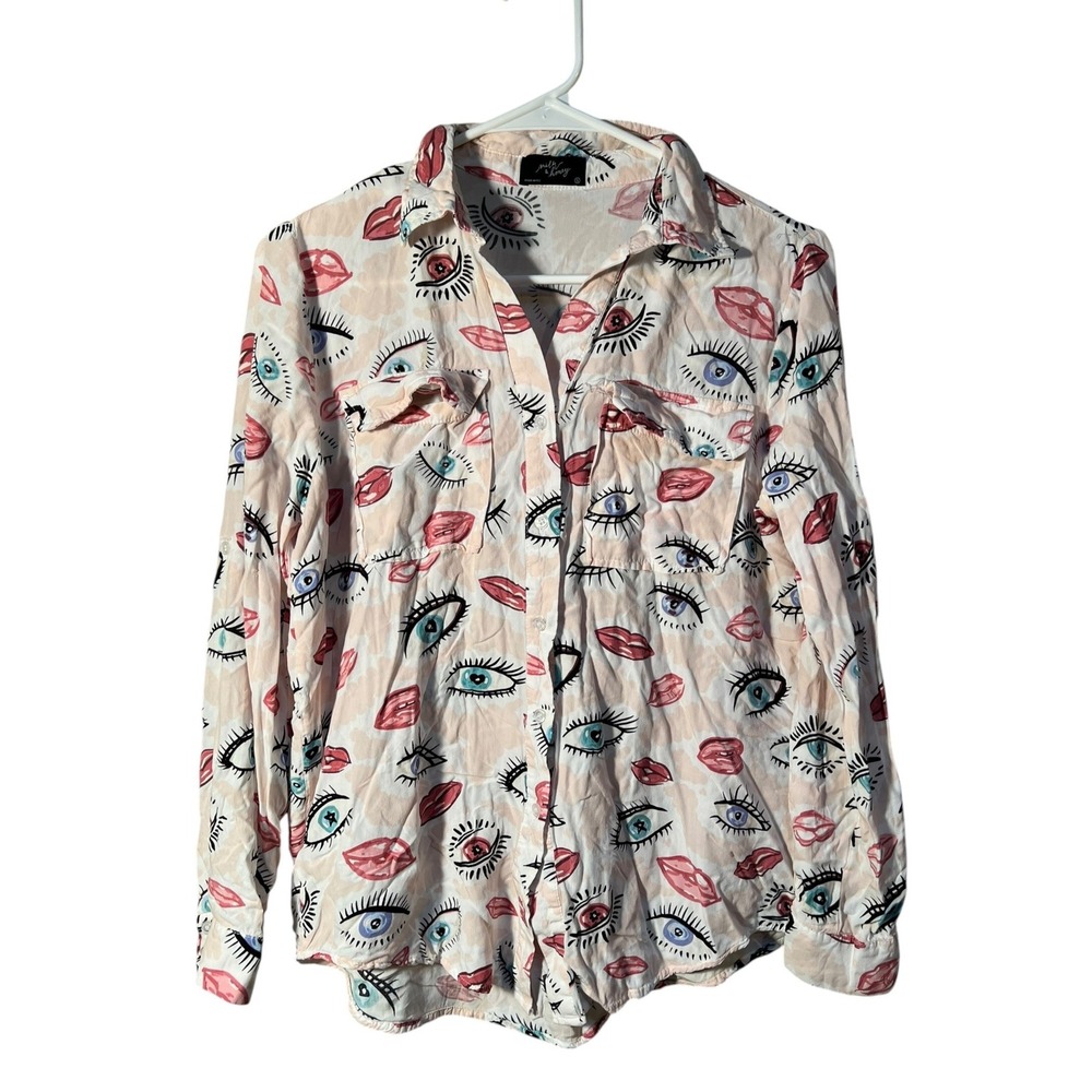 Milk & Honey Women's Size Small Button Down Blouse Beige Pink Makeup Lips Eyes